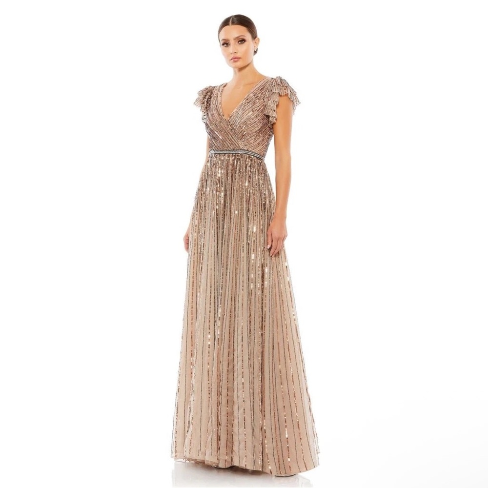 NWT Mac Duggal Style 5502 Copper Sequined Wrap Over Ruffled Cap Sleeve Gown 6